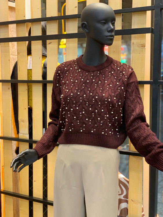 کراپ بافت طرح پیچ مروارید دوزی صادراتی