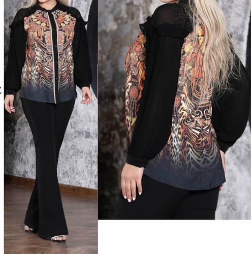 شومیز کرپ الیزا آستین حریر پلیسه جلو نگین دار