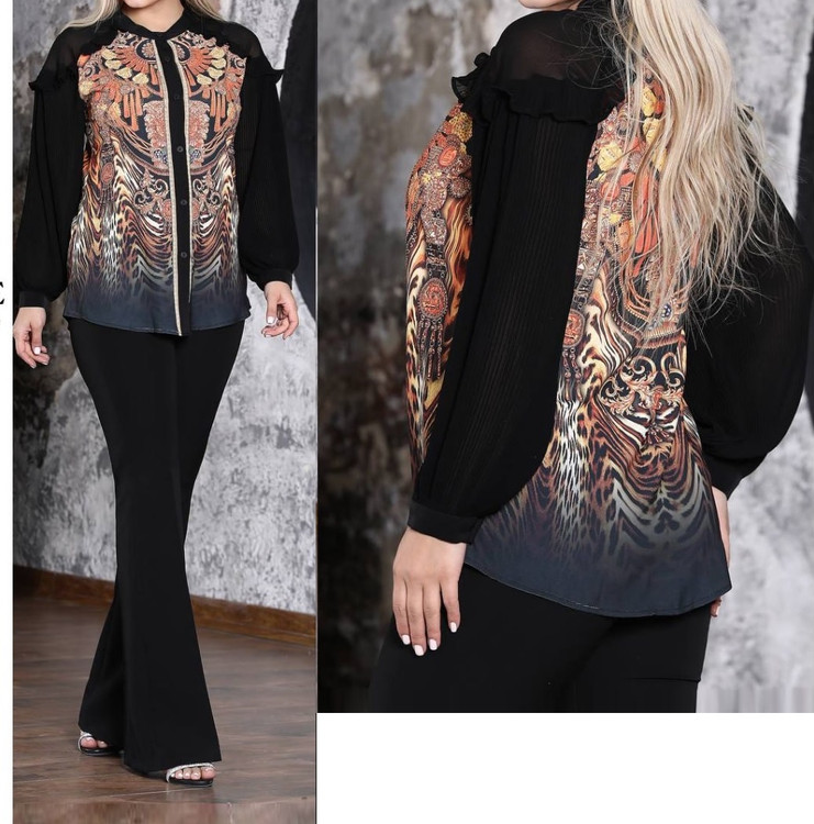 شومیز کرپ الیزا آستین حریر پلیسه جلو نگین دار