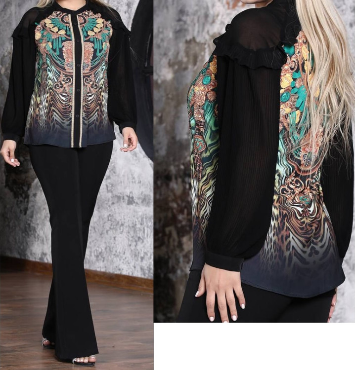 شومیز کرپ الیزا آستین حریر پلیسه جلو نگین دار