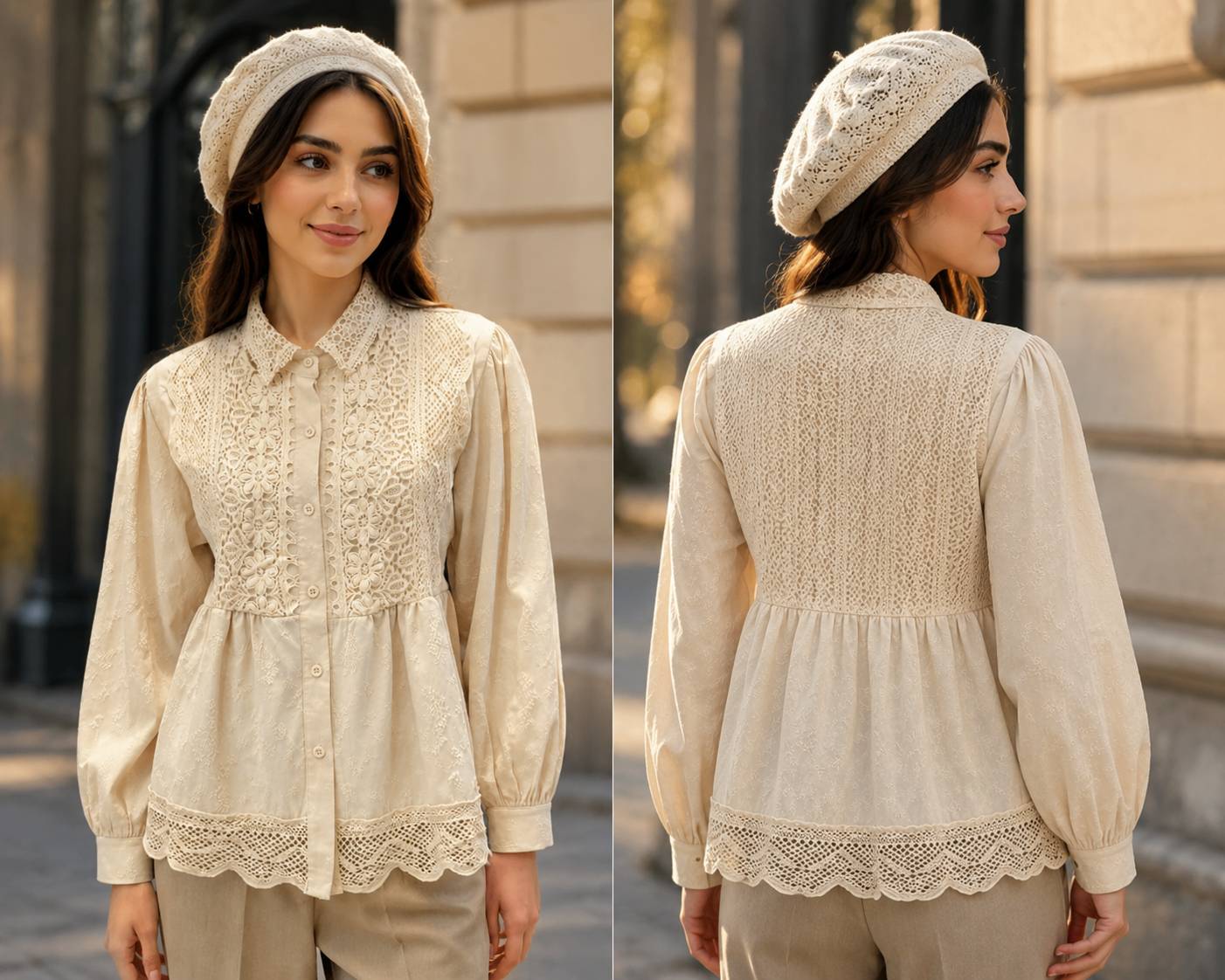 شومیز یقه گیپور کرپ پفکی وارداتی